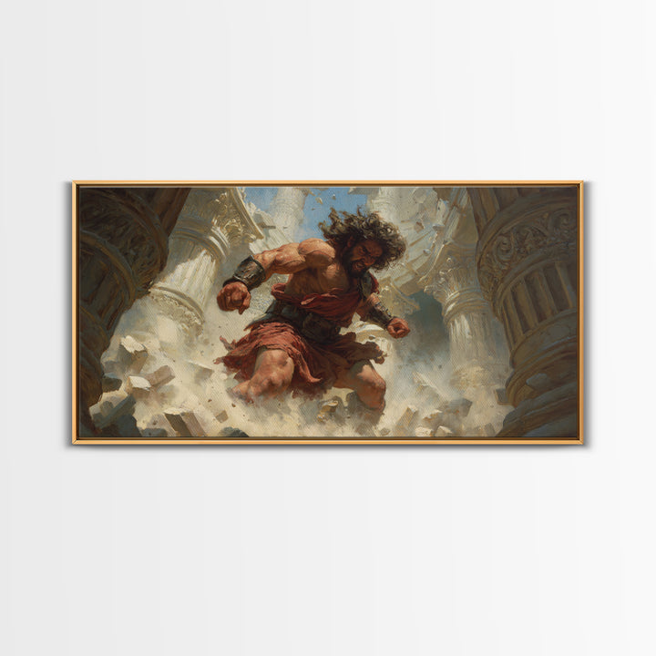 Raging Titan Among Ruined Columns Framed Canvas Print, Mythological Art, Greek Fantasy Wall Art, Dramatic Home Decor, Statement Artwork