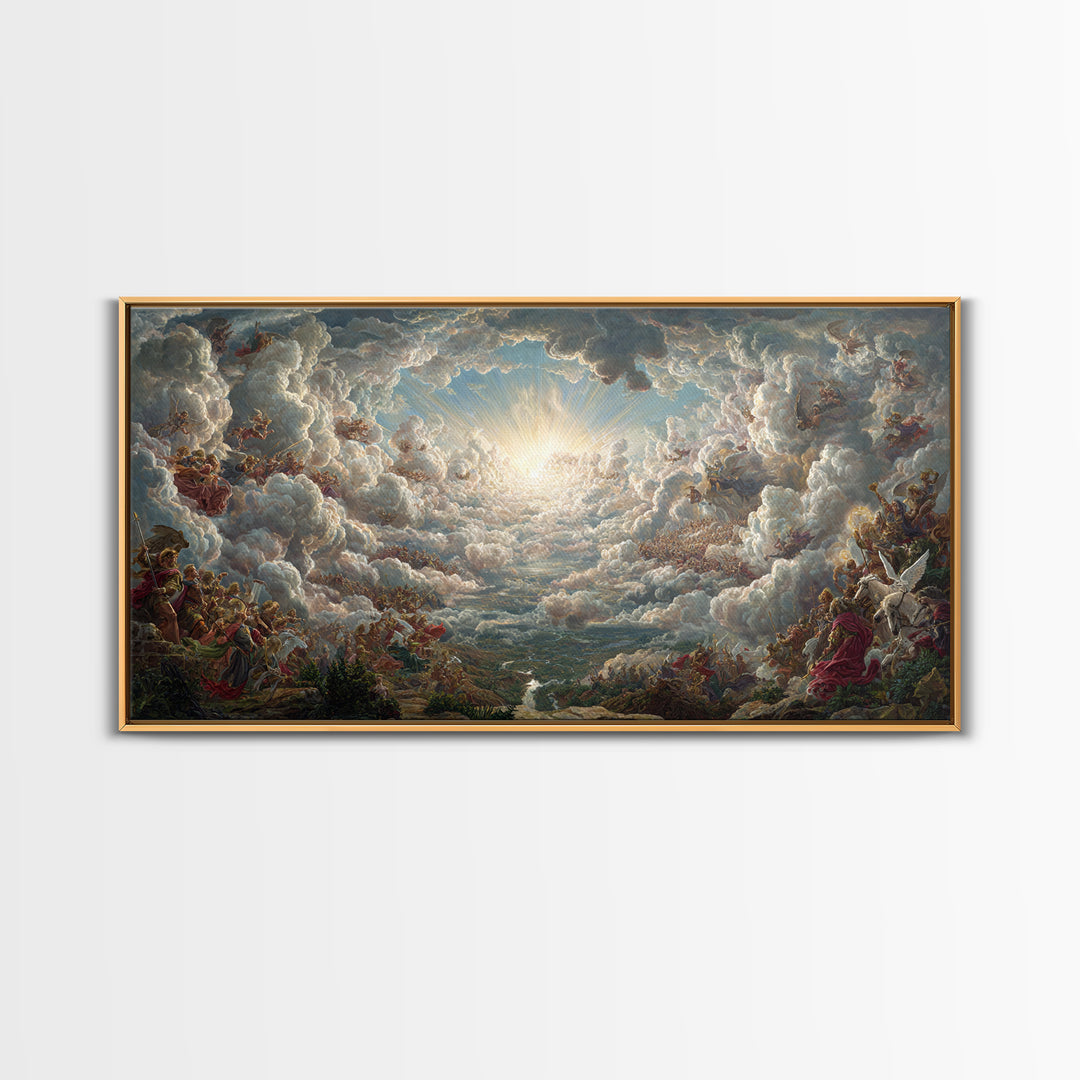 Heavenly Cloud Battle With Angels Framed Canvas Print, Baroque Mythological Wall Art, Renaissance Decor, Biblical Gift Art