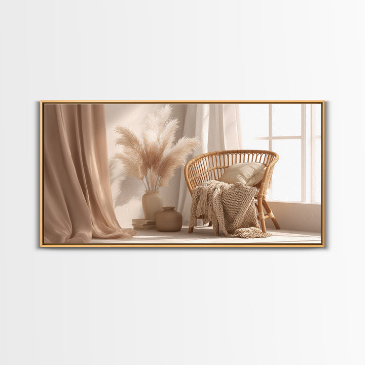 Neutral Wicker Chair With Pampas Grass Canvas Print, Boho Bedroom Wall Art, Cozy Minimalist Decor For Modern Living Room