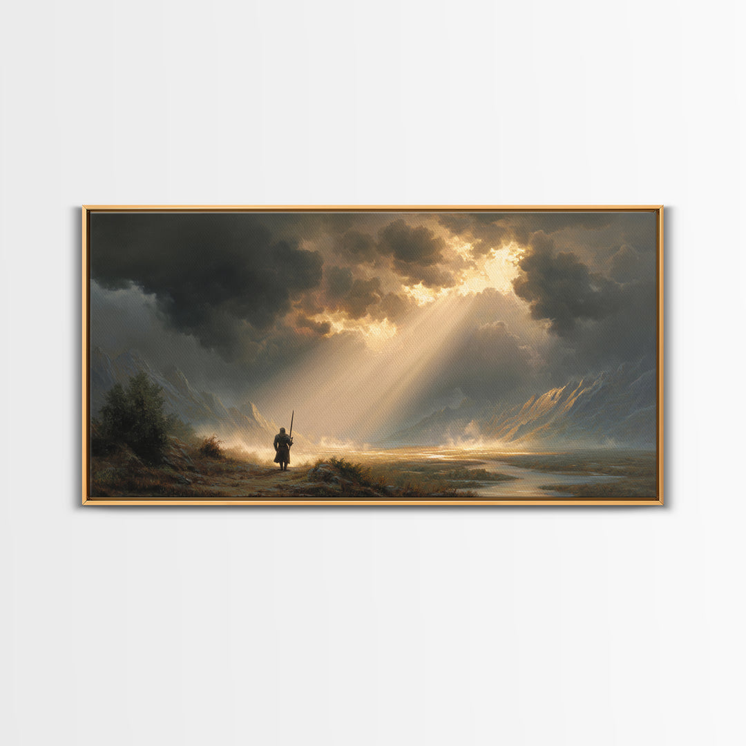 Warrior In Sunlit Mountain Valley Canvas Print, Fantasy Landscape Wall Art, Epic Adventure Decor And Dramatic Office Art
