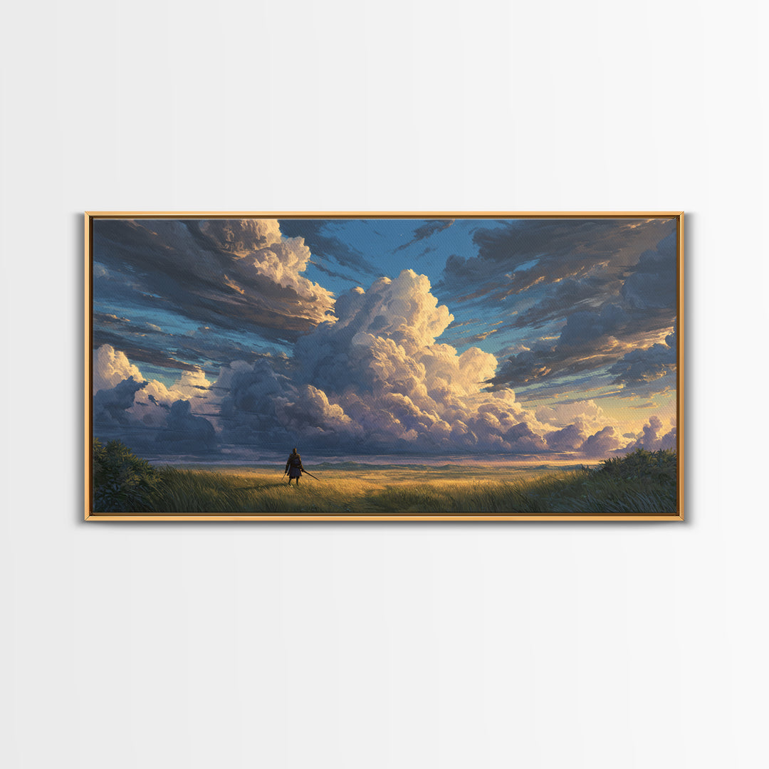 Lone Traveler Beneath Towering Clouds Wall Art, Dramatic Landscape Canvas Print, Calming Nature Living Room Decor, Large Poster