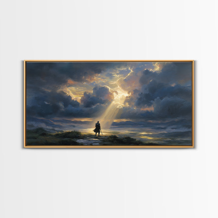 Lone Wanderer Beneath Radiant Storm Clouds Wall Art, Dramatic Fantasy Landscape Print, Moody Sky Living Room Decor, Gift For Him