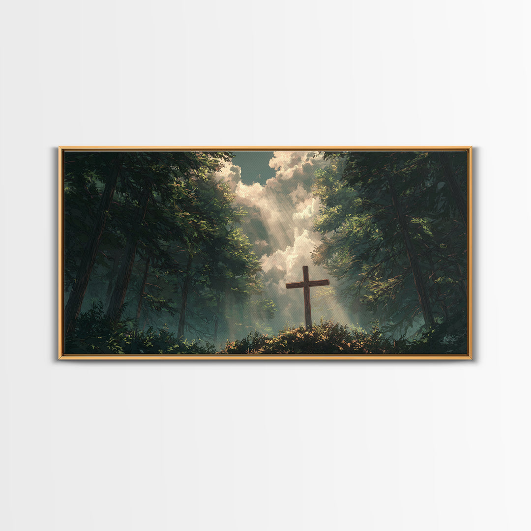 Sunlit Forest Cross Wall Art, Christian Canvas Print, Peaceful Nature Landscape, Bible Verse Decor, Prayer Room Gift, For Him