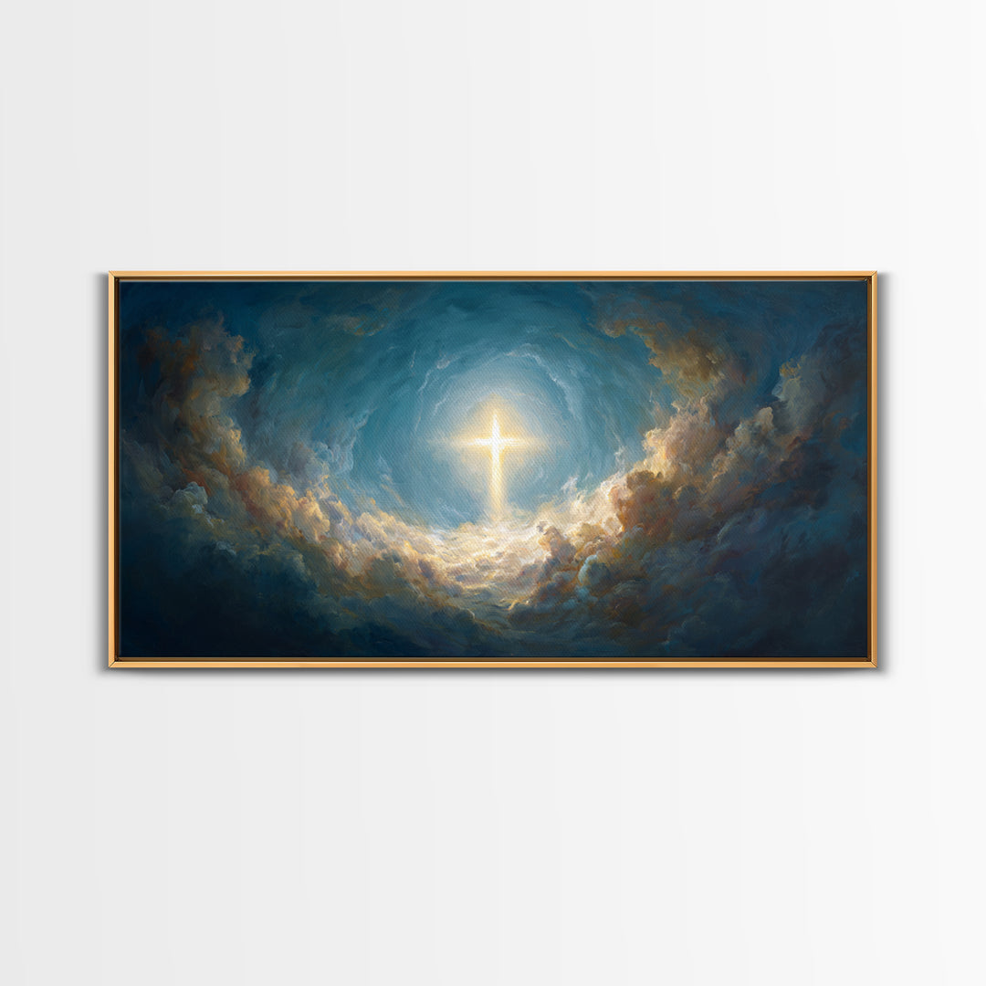 Glowing Cross In Stormy Clouds Wall Art, Christian Canvas Print, Celestial Religious Decor, Inspirational Gift For Home Decor
