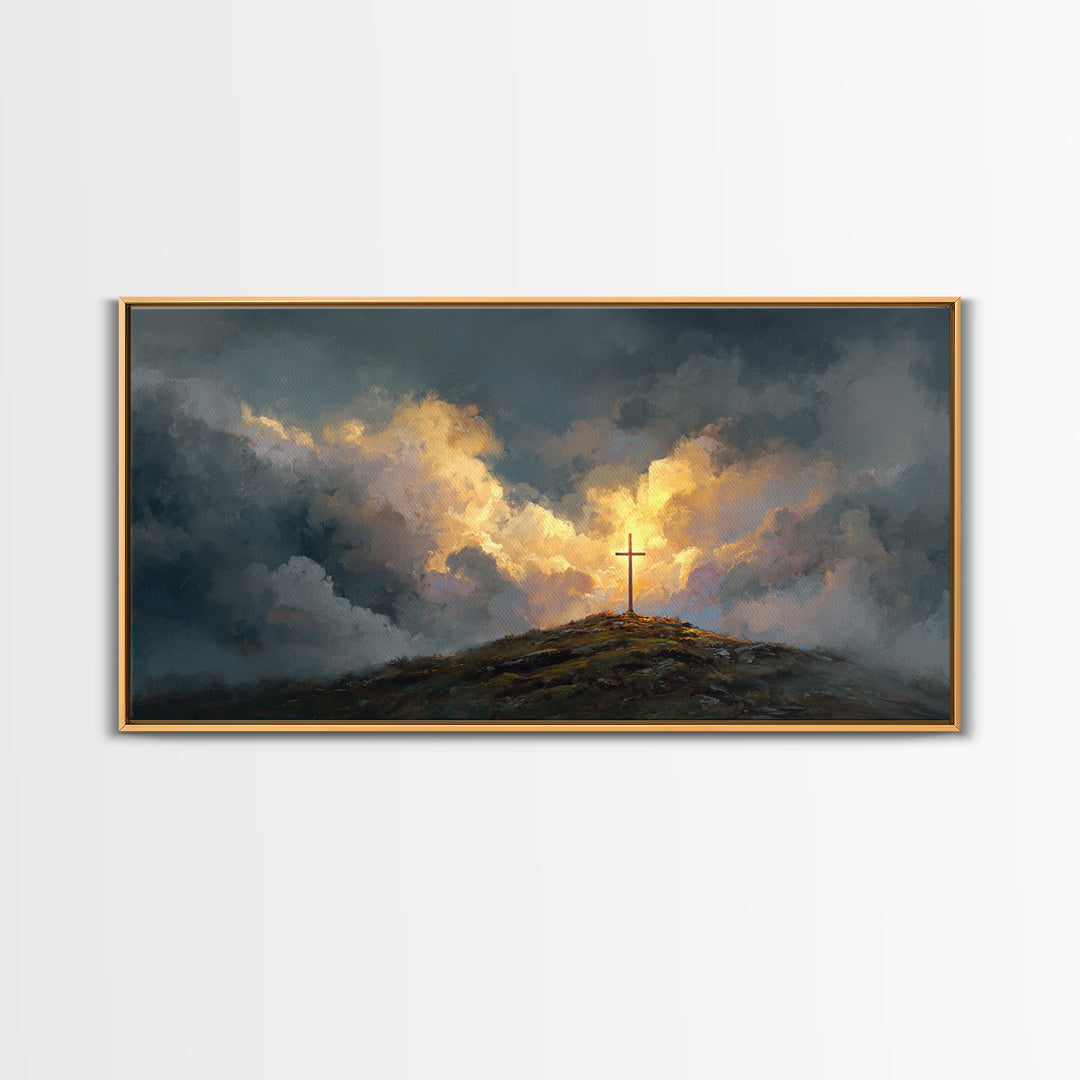 Dramatic Cross On Stormy Hill Wall Art, Christian Landscape Canvas, Moody Faith Decor, Religious Gift, Living Room Art Print