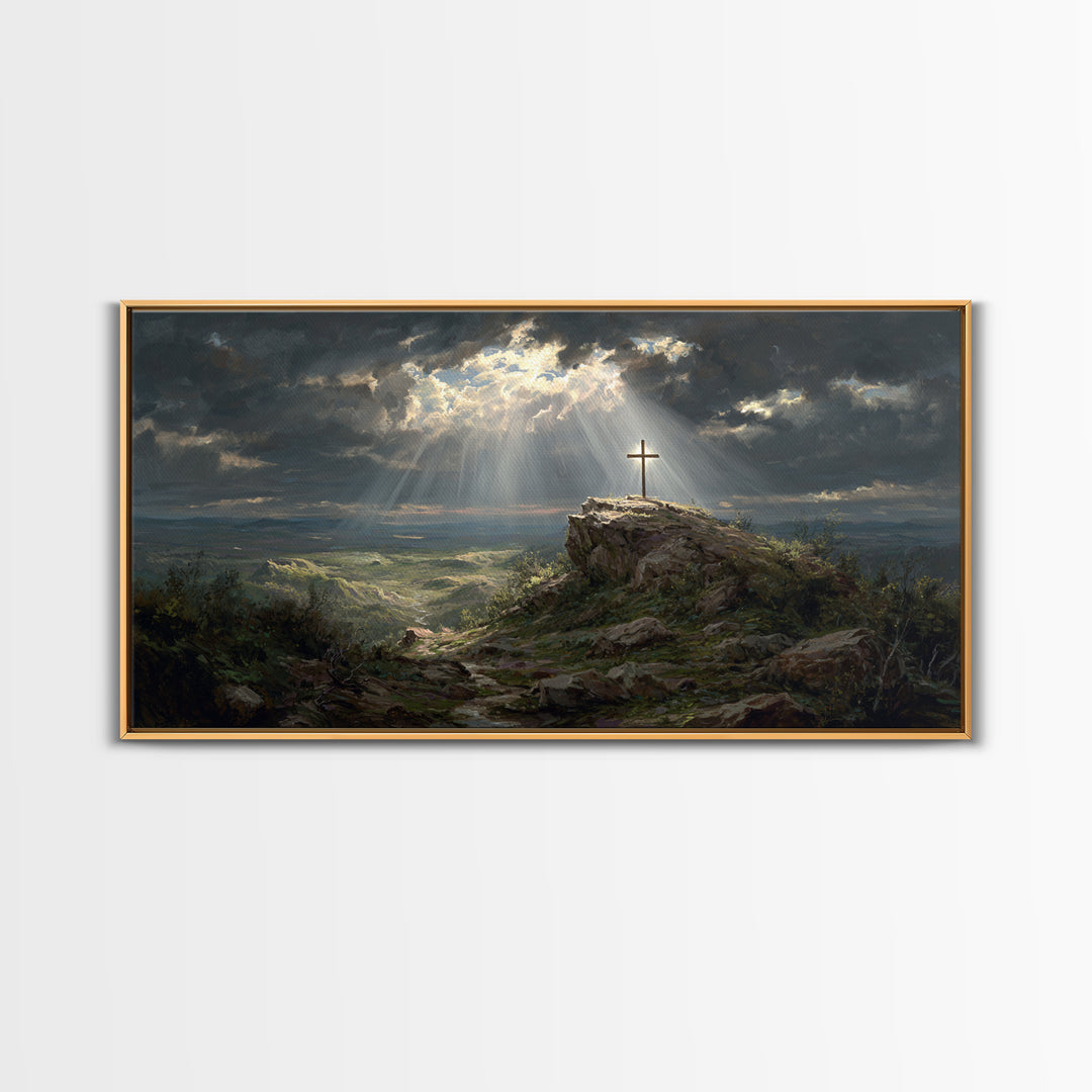 Sunlit Cross On Rocky Hill Wall Art, Christian Landscape Canvas Print, Bible Verse Decor, Spiritual Gift For Home And Prayer