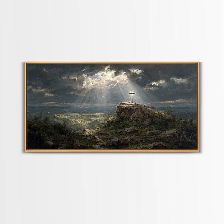 Sunlit Cross On Rocky Hill Wall Art, Christian Landscape Canvas Print, Bible Verse Decor, Spiritual Gift For Home And Prayer
