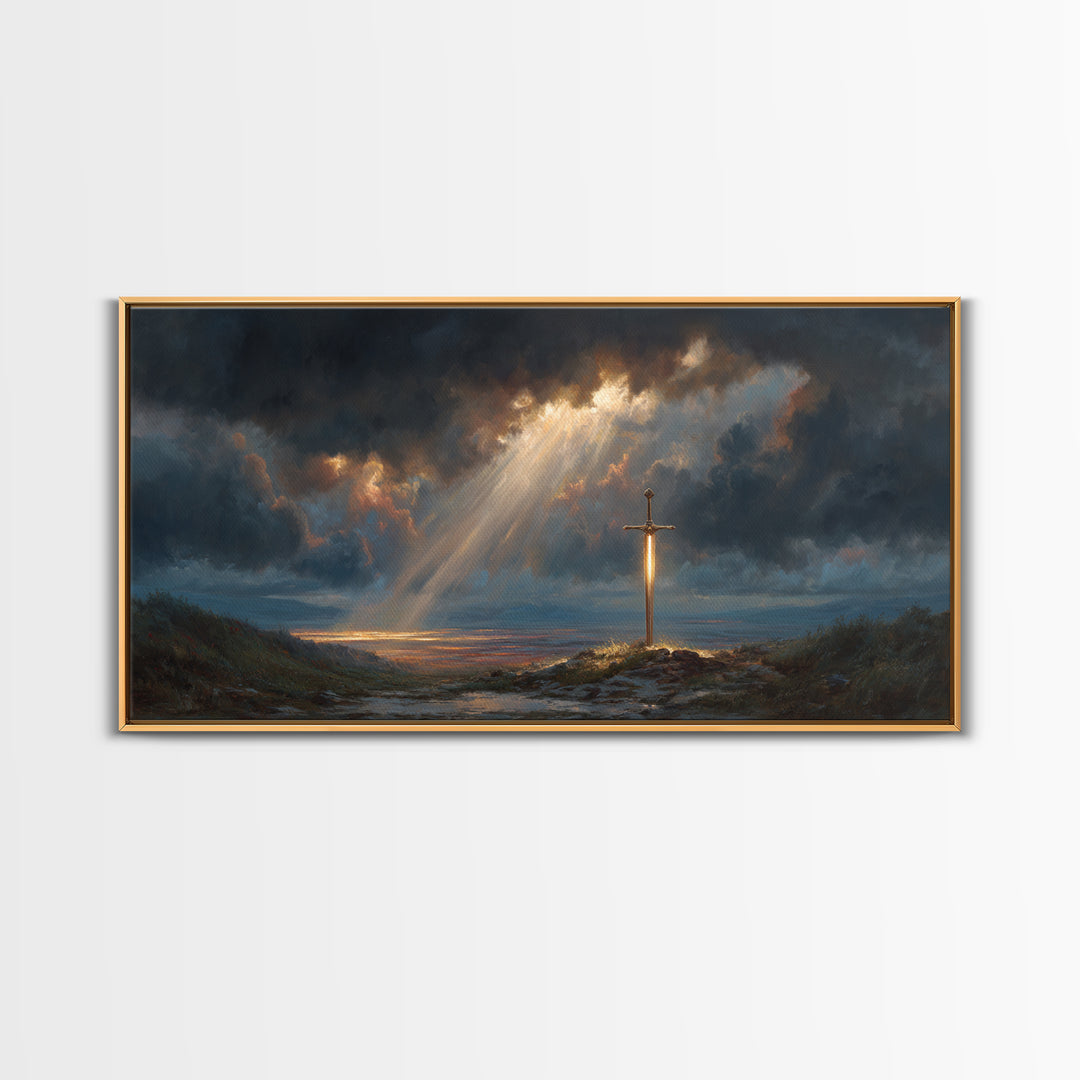 Glowing Sword In Storm Clouds Wall Art, Dramatic Christian Fantasy Canvas Print, Spiritual Decor, Dark Academia Gift For Him