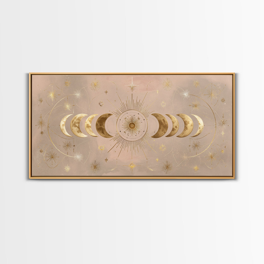 Gold Moon Phase Celestial Wall Art, Mystical Stars And Sun, Boho Bedroom Decor, Astrology Gifts, Above Bed Canvas Print Decor
