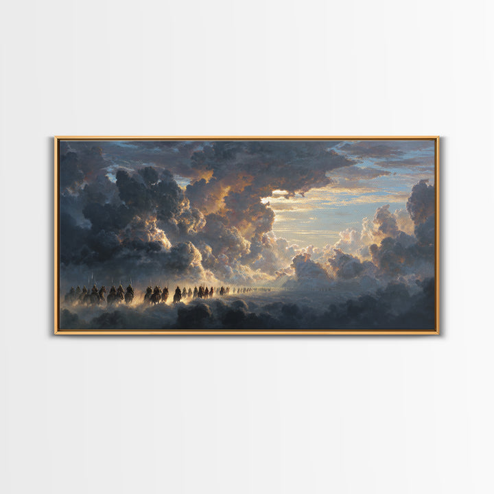Celestial Riders In Storm Clouds Wall Art, Epic Fantasy Sky Painting, Dramatic Landscape Canvas, Mythological Decor For Office