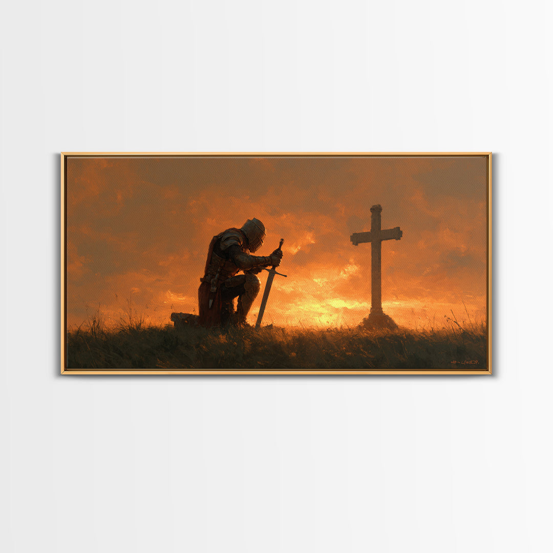 Kneeling Knight Before Cross Canvas Print, Christian Wall Art, Medieval Prayer Home Decor, Bible Verse Inspired Gift For Him