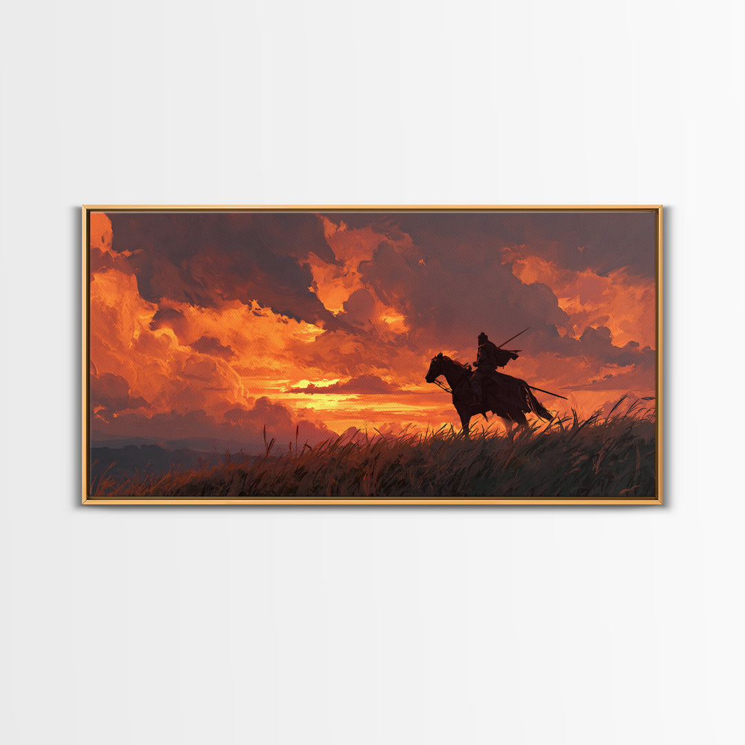 Lone Horseman At Fiery Sunset Wall Art, Western Cowboy Canvas Print, Rustic Landscape Decor, Masculine Office Gift For Him