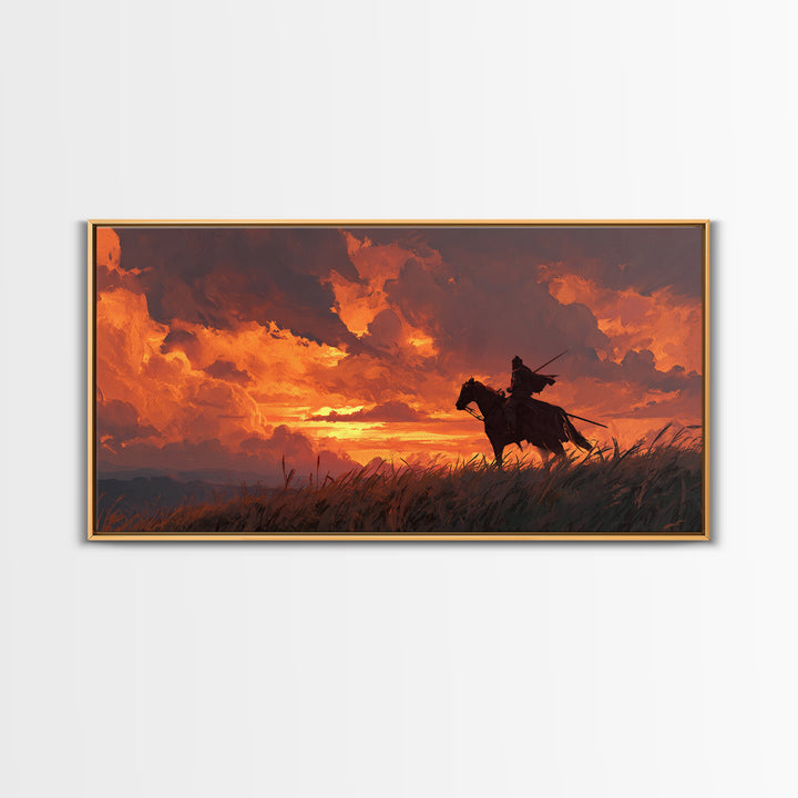 Lone Horseman At Fiery Sunset Wall Art, Western Cowboy Canvas Print, Rustic Landscape Decor, Masculine Office Gift For Him