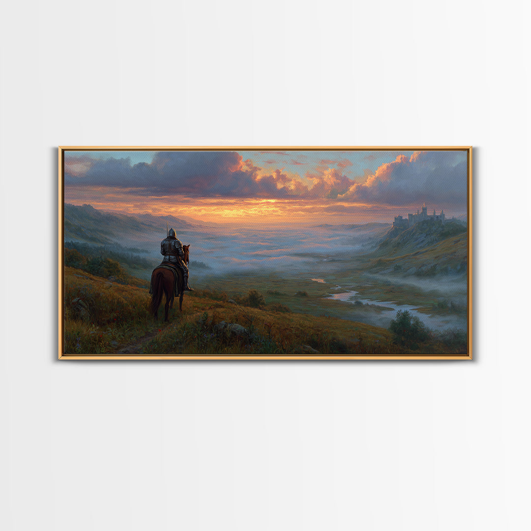 Lone Knight Over Misty Castle Valley Framed Canvas Print, Fantasy Wall Art For Gaming Room Decor And Medieval Adventure Home Decor