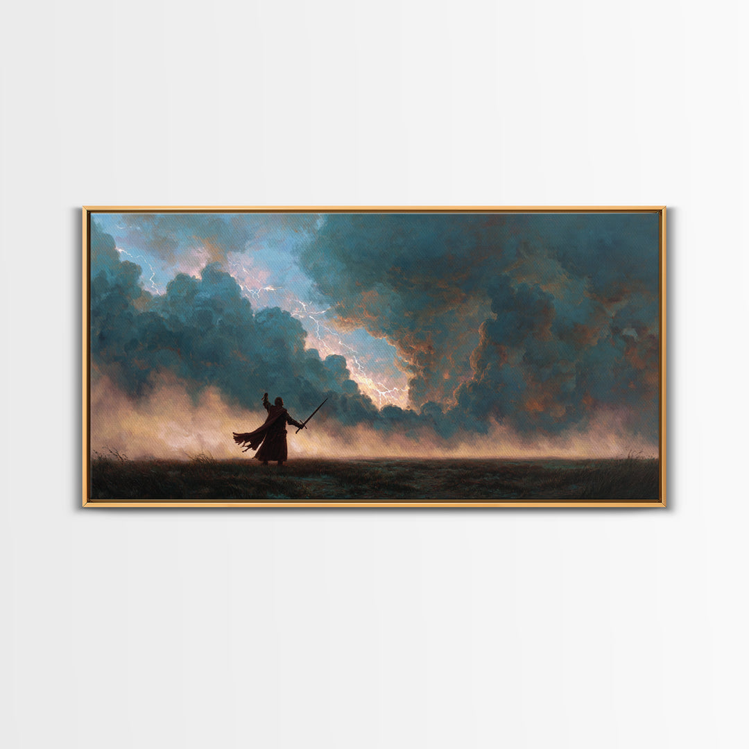 Lone Swordsman Under Storm Clouds Canvas Print, Dark Fantasy Landscape Wall Art, Moody Warrior Decor, RPG Gift For Gamer