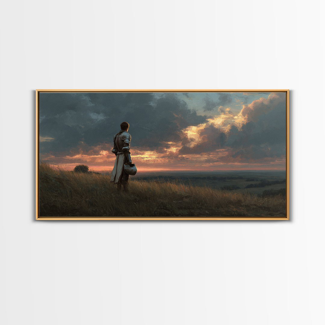 Solitary Knight At Sunset Framed Canvas Print, Medieval Fantasy Landscape Wall Art, Dramatic Medieval Home Decor Gift For Him