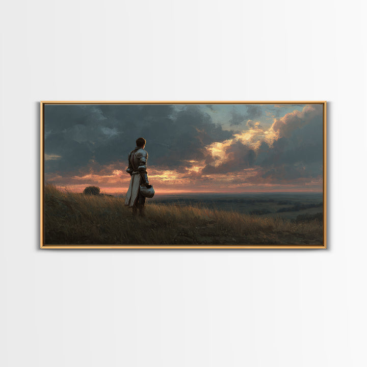 Solitary Knight At Sunset Framed Canvas Print, Medieval Fantasy Landscape Wall Art, Dramatic Medieval Home Decor Gift For Him