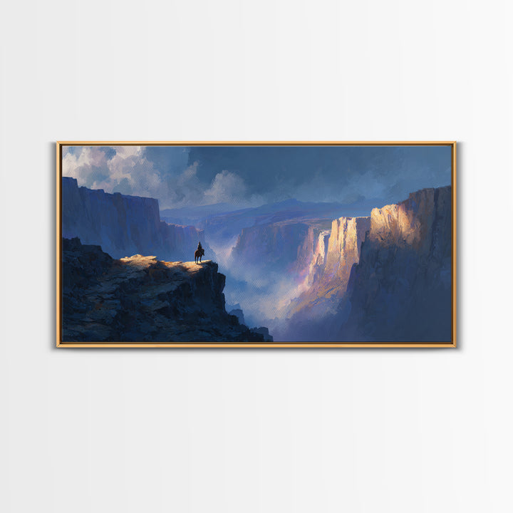 Lonely Rider On Blue Canyon Cliff Wall Art, Fantasy Landscape Canvas Print, Western Decor, Large Statement Artwork For Office