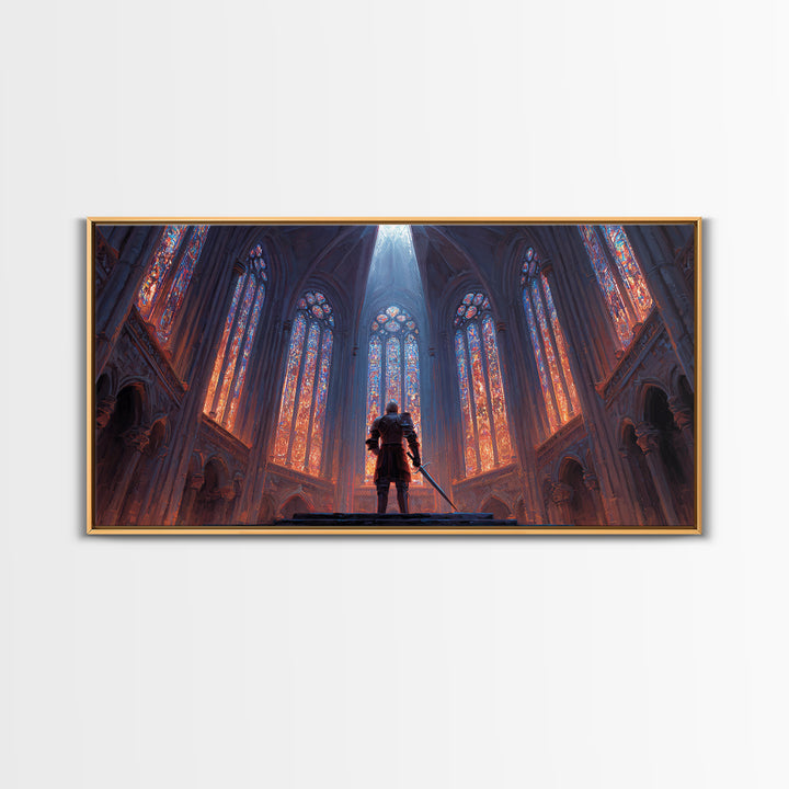Gothic Cathedral Knight Wall Art, Stained Glass Framed Canvas Print, Medieval Fantasy Decor, Dark Academia, Statement Art