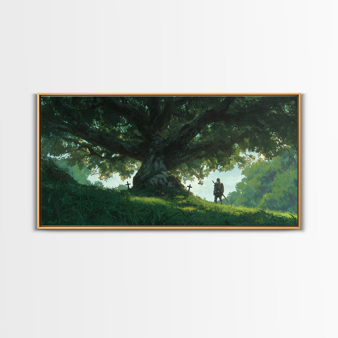 Ancient Oak With Lone Knight Wall Art, Enchanted Forest Canvas Print, Fantasy Landscape For Rustic Home Decor And Nursery Decor