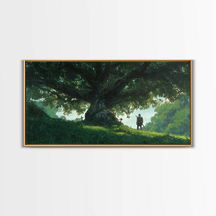 Ancient Oak With Lone Knight Wall Art, Enchanted Forest Canvas Print, Fantasy Landscape For Rustic Home Decor And Nursery Decor