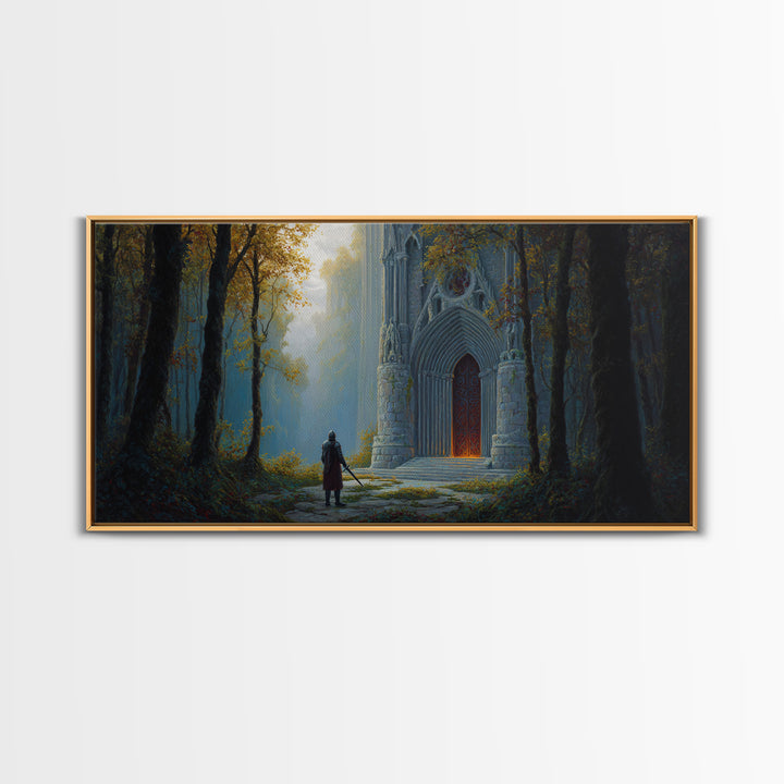 Gothic Forest Cathedral Doorway With Lone Knight Wall Art, Dark Academia Decor, Fantasy Landscape, Large Canvas Print For Bedroom