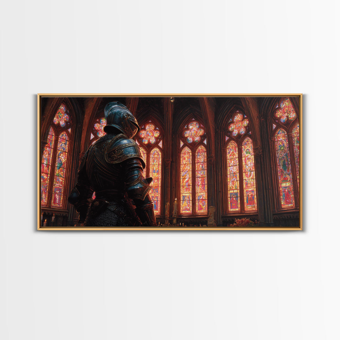 Knight In Stained Glass Cathedral Wall Art, Gothic Medieval Canvas Print, Dark Academia Decor, Fantasy Castle Painting, Church Art