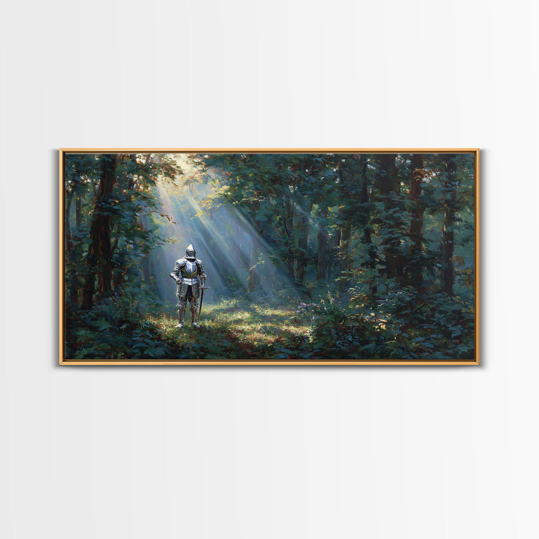 Knight In Sunlit Enchanted Forest Canvas Print, Fantasy Wall Art, Medieval Landscape Art For Office Decor And Gifts For Him