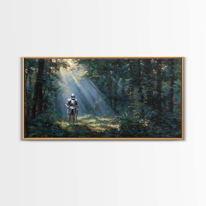Knight In Sunlit Enchanted Forest Canvas Print, Fantasy Wall Art, Medieval Landscape Art For Office Decor And Gifts For Him