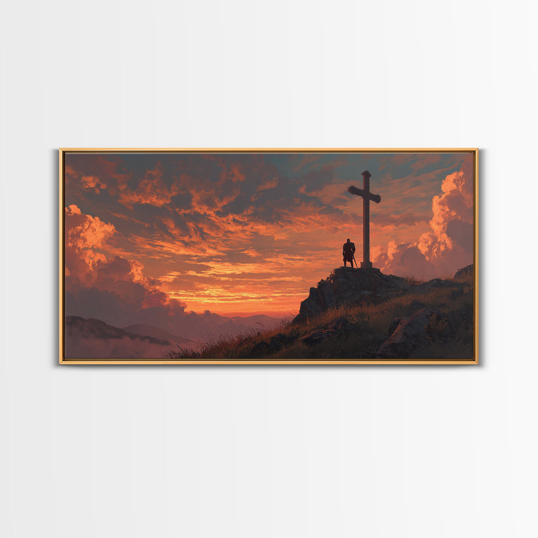 Fiery Sunset Cross On Mountain Ridge Wall Art, Christian Landscape Canvas Print, Spiritual Home Decor, Prayer Room Gift Idea