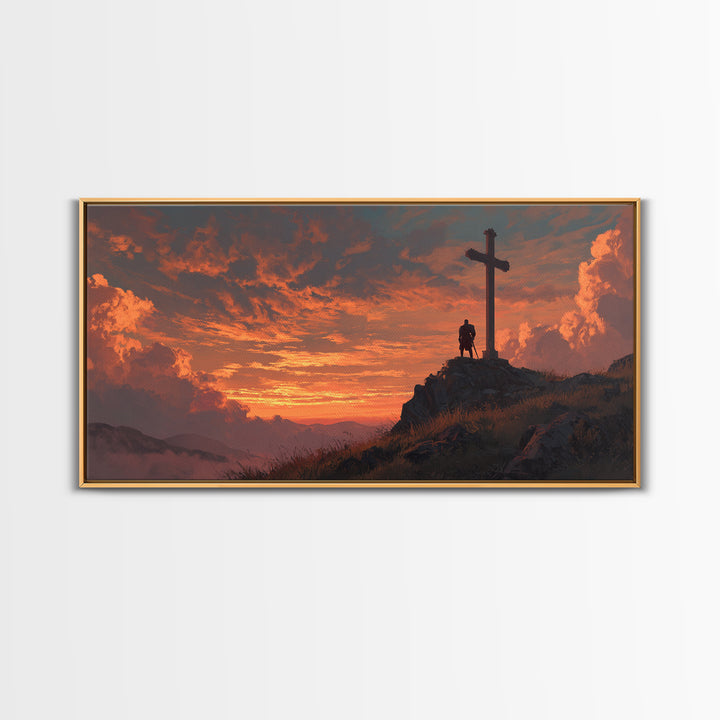 Fiery Sunset Cross On Mountain Ridge Wall Art, Christian Landscape Canvas Print, Spiritual Home Decor, Prayer Room Gift Idea