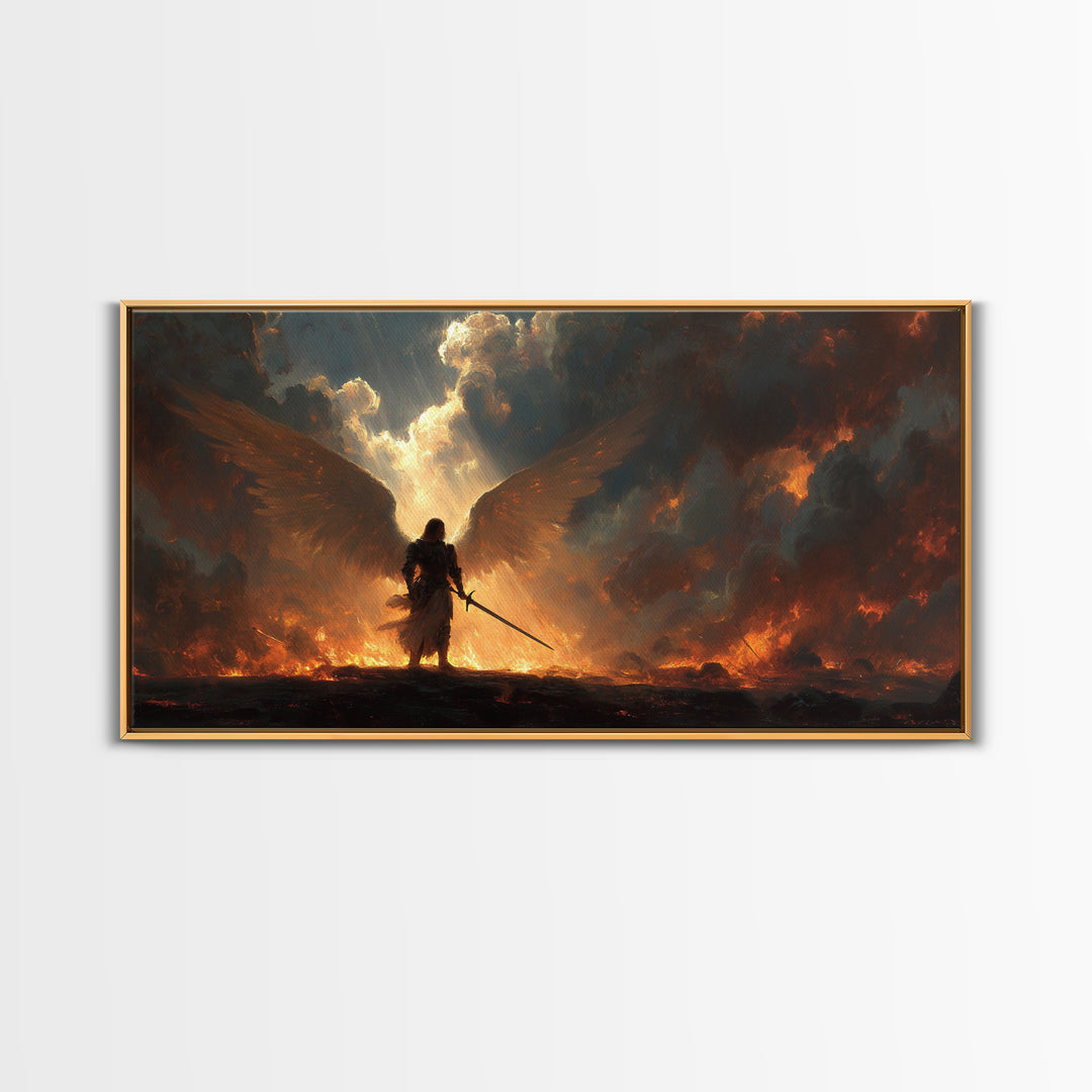 Warrior Angel With Flaming Wings Canvas Print, Dark Fantasy Wall Art, Epic Spiritual Decor, Gothic Battle Gift Idea For Him