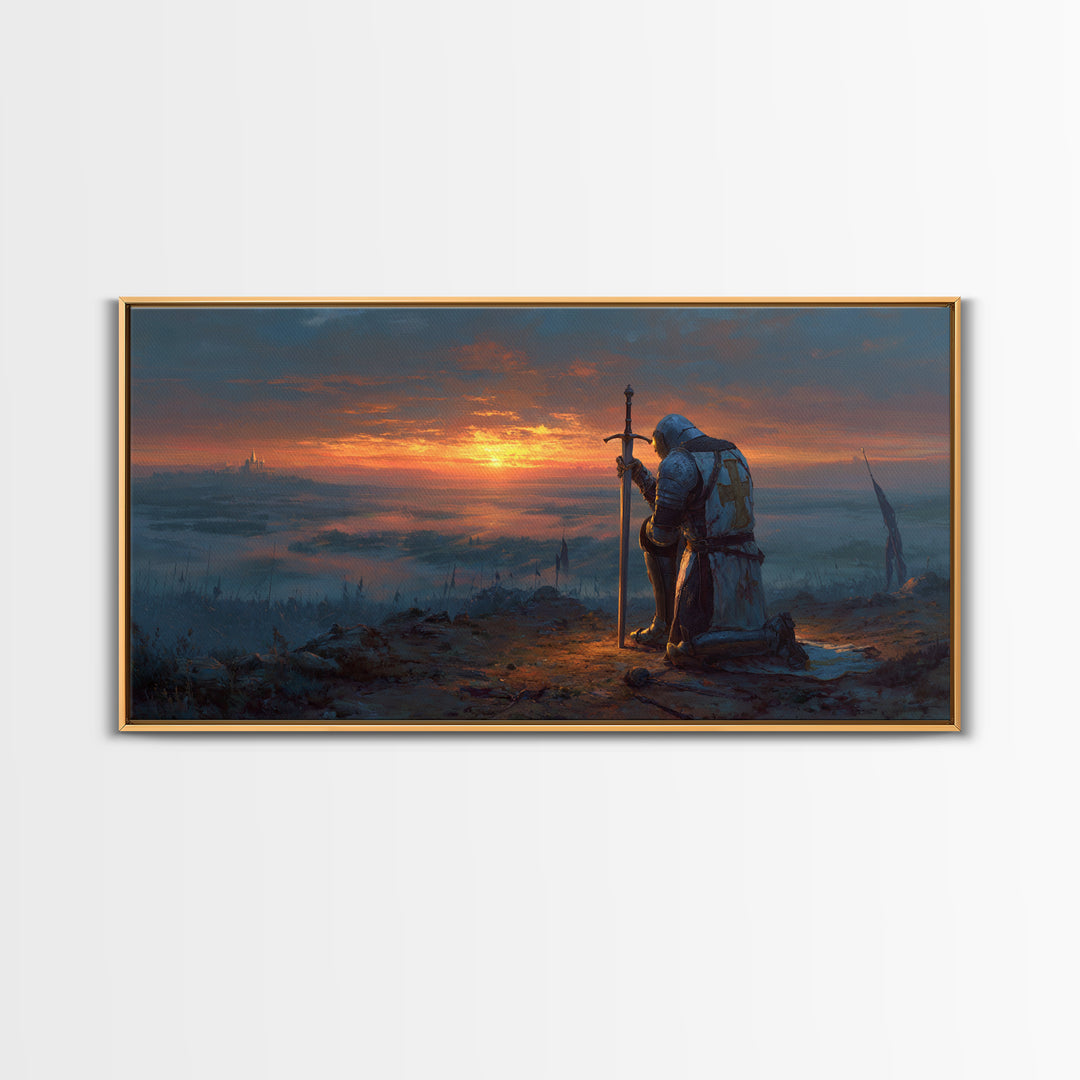 Kneeling Knight At Sunset Wall Art, Medieval Fantasy Landscape Canvas, Epic Castle Decor, Dark Academia Gift For Him, Living Room Decor