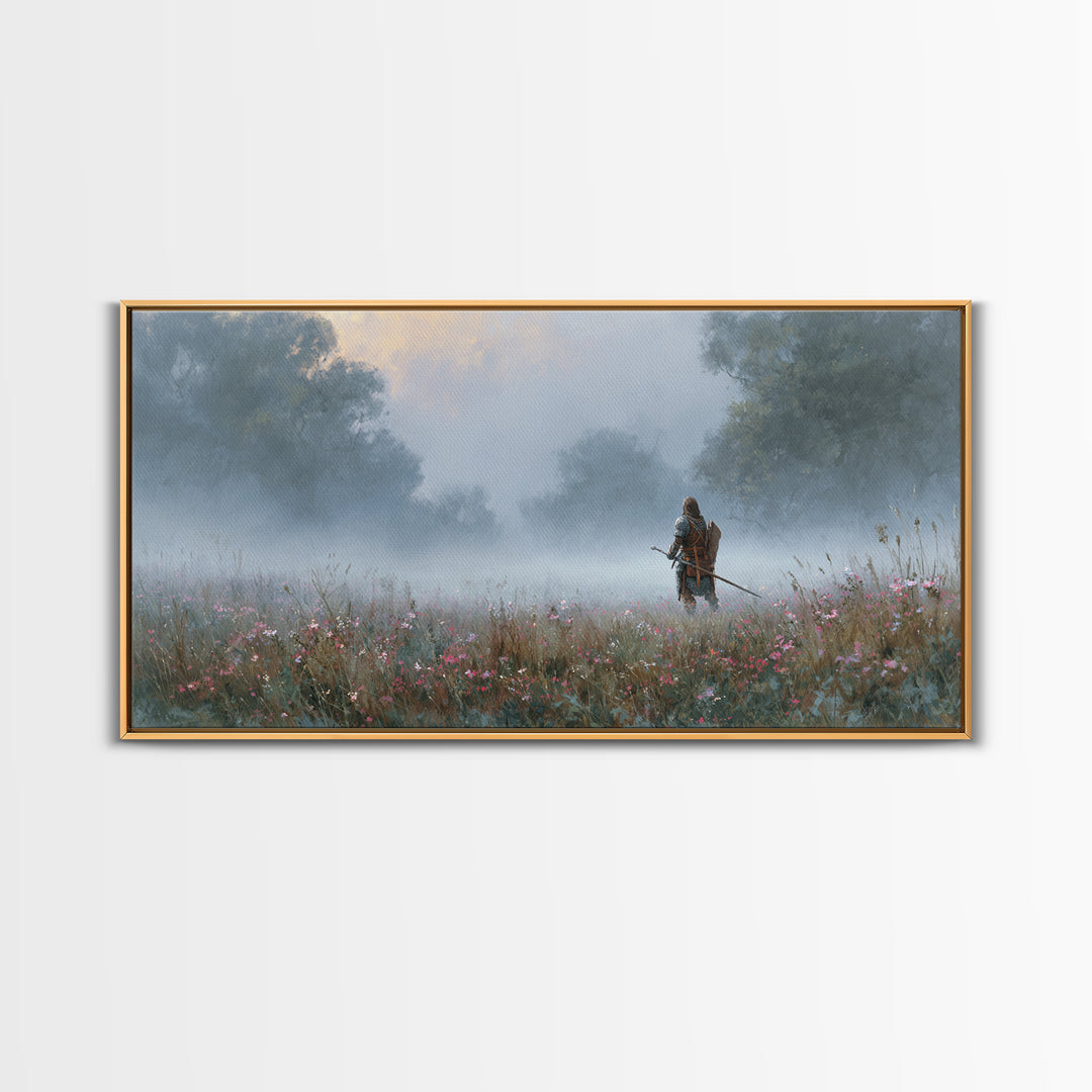 Misty Warrior In Wildflower Meadow Wall Art, Fantasy Landscape Canvas, Moody Nature Print, Large Living Room Decor Gift For Her