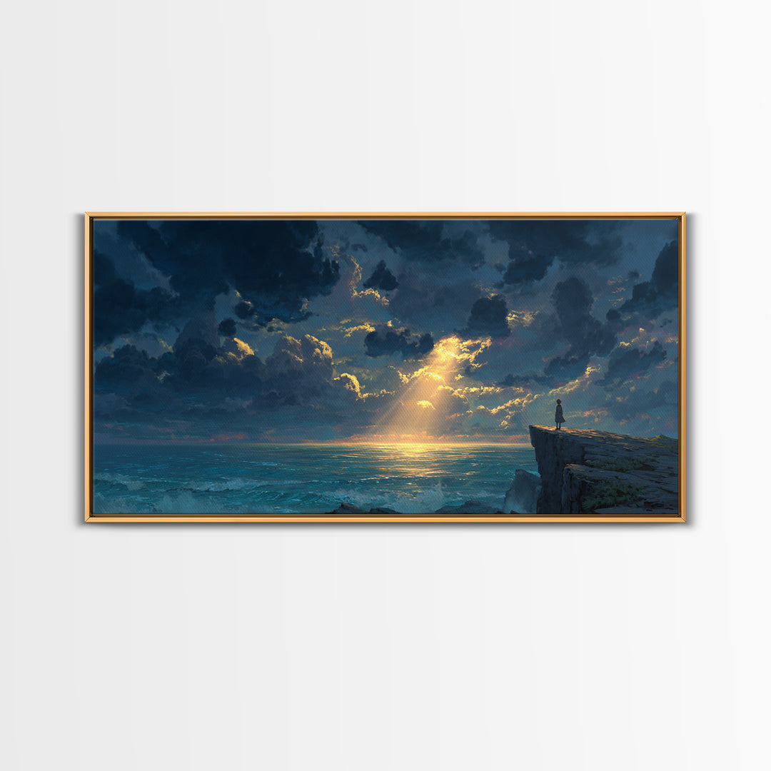 Lone Figure On Ocean Cliff Canvas Print, Dramatic Seascape Landscape Art, Coastal Wall Decor For Peaceful Living Room Home