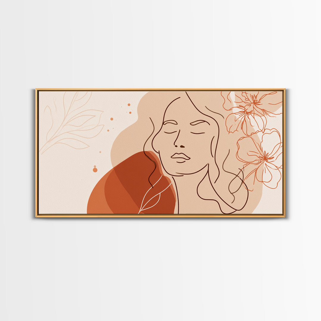 Terracotta Woman Line Art Canvas Print, Floral Feminine Wall Art, Boho Bedroom Decor, Abstract Portrait Gift For Her, Modern Home Decor