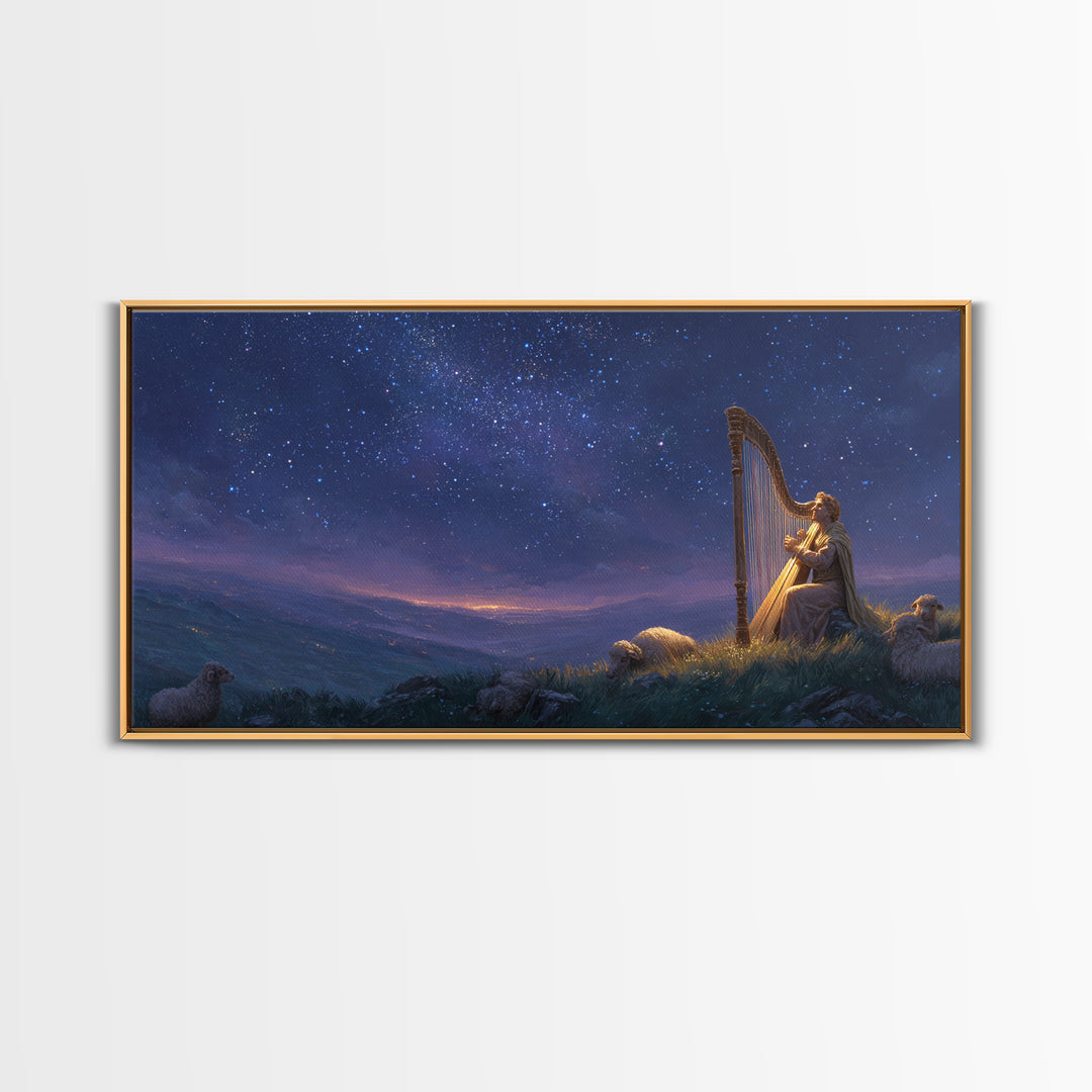 Shepherd Playing Harp Under Stars Wall Art, Biblical Canvas Print, Peaceful Night Landscape Decor For Bedroom And Nursery