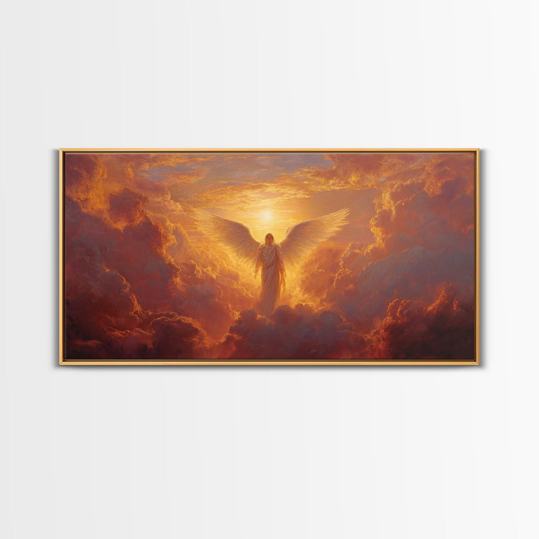 Radiant Angel In Golden Clouds Wall Art, Spiritual Christian Canvas, Celestial Painting, Inspirational Home Decor Gift For Her