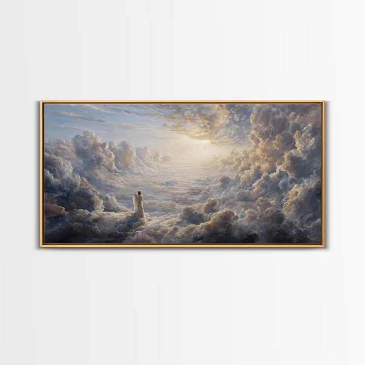 Radiant Angel In Heavenly Clouds Canvas Print, Christian Wall Art, Spiritual Home Decor, Peaceful Large Landscape Art Gift
