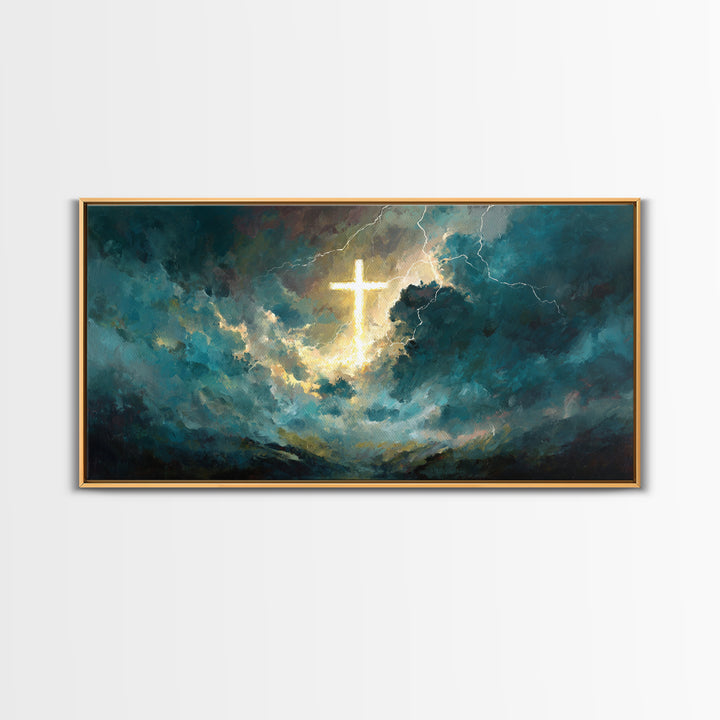 Glowing Cross In Storm Clouds Wall Art, Christian Canvas Print, Spiritual Decor, Modern Religious Living Room Wall Decor