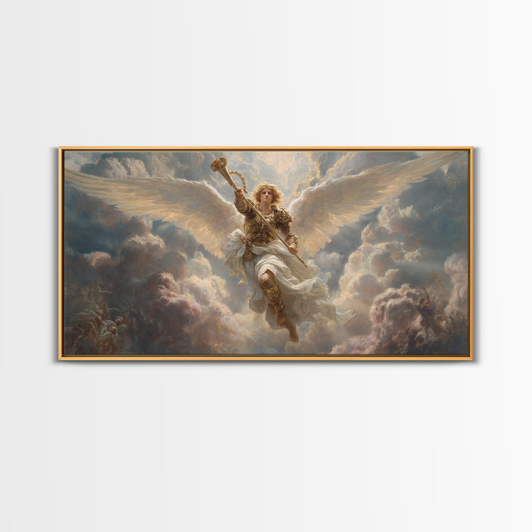 Archangel Trumpet In Stormy Clouds Canvas Print, Christian Wall Art, Religious Fine Art Print For Prayer Room Decor Gift