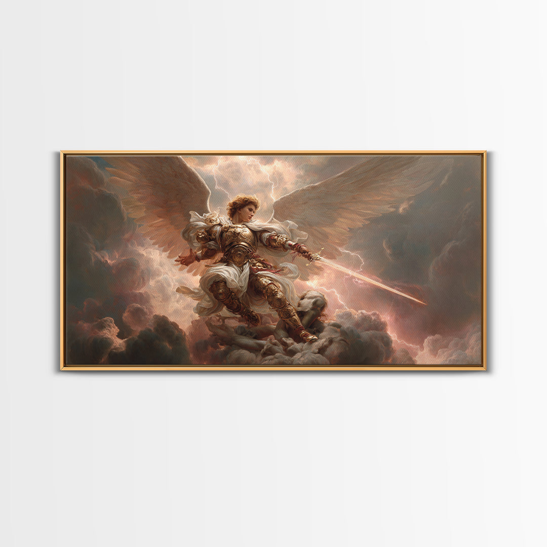 Archangel Warrior In Golden Clouds Wall Art, Christian Canvas Print, Angel Sword Fantasy Art, Spiritual Home Decor Gift For Him
