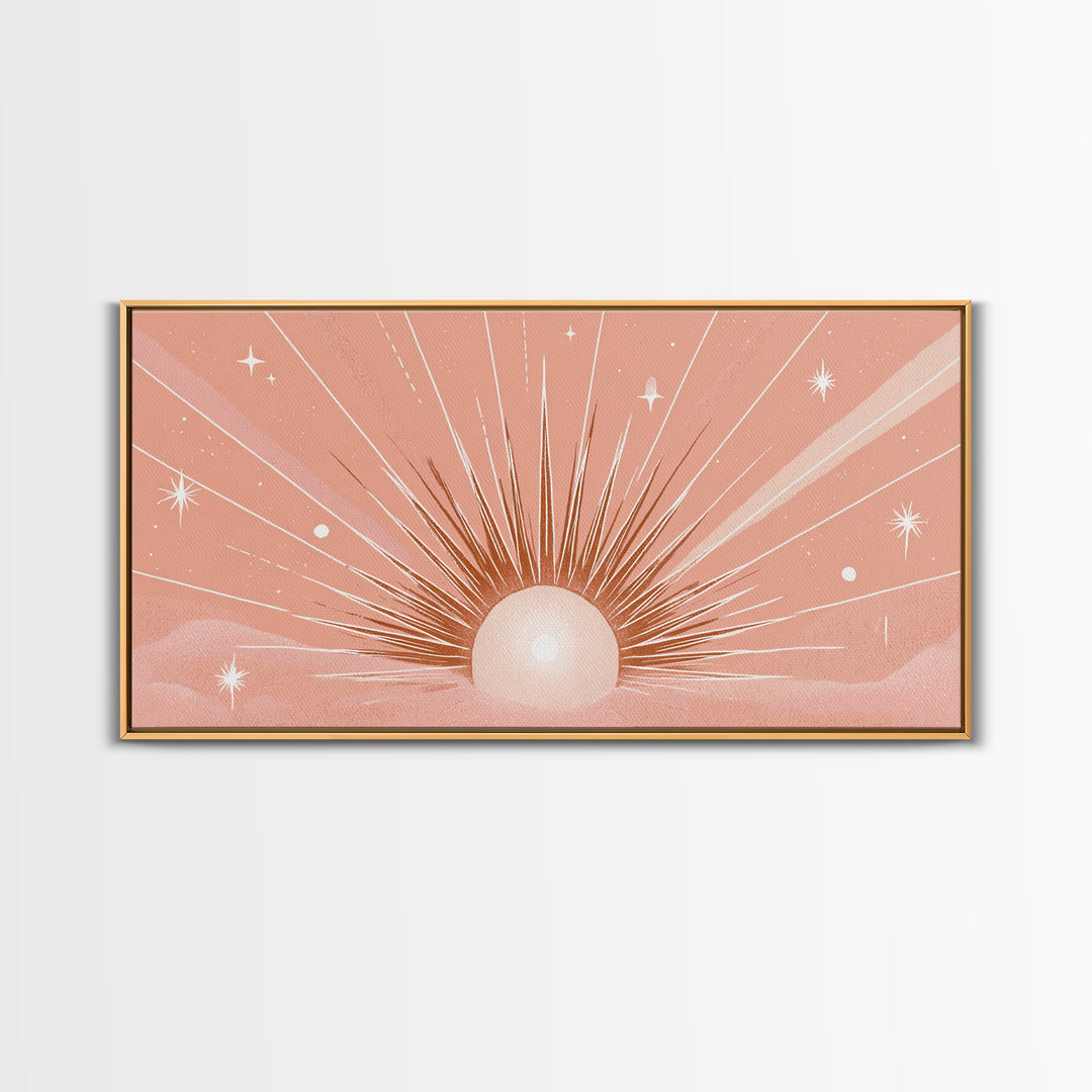 Radiant Peach Sunrise Wall Art, Celestial Sun Rays And Stars, Boho Canvas Print, Dreamy Nursery Decor, Calming Above Bed Art