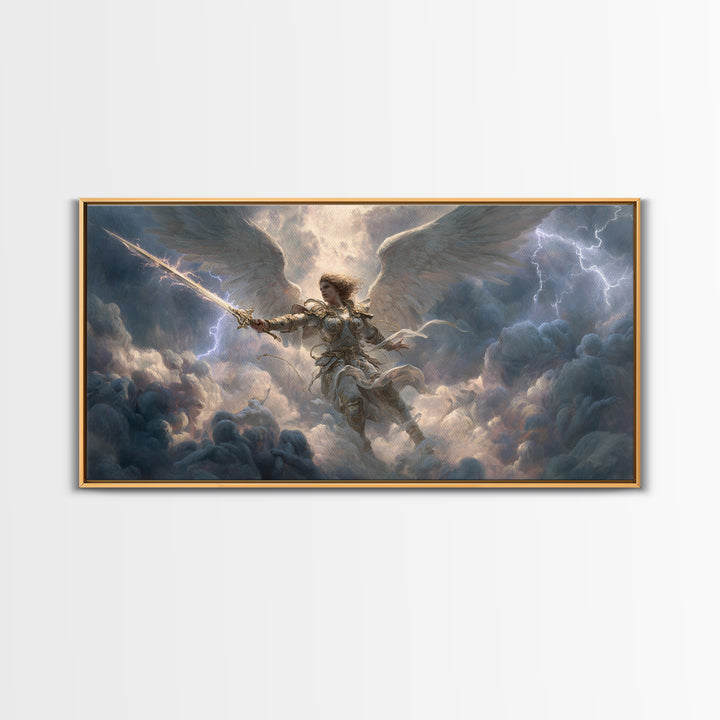 Warrior Angel With Sword Framed Canvas Print, Fantasy Wall Art, Christian Artwork, Storm Clouds, Gift For Him Or Her, Fine Art Print