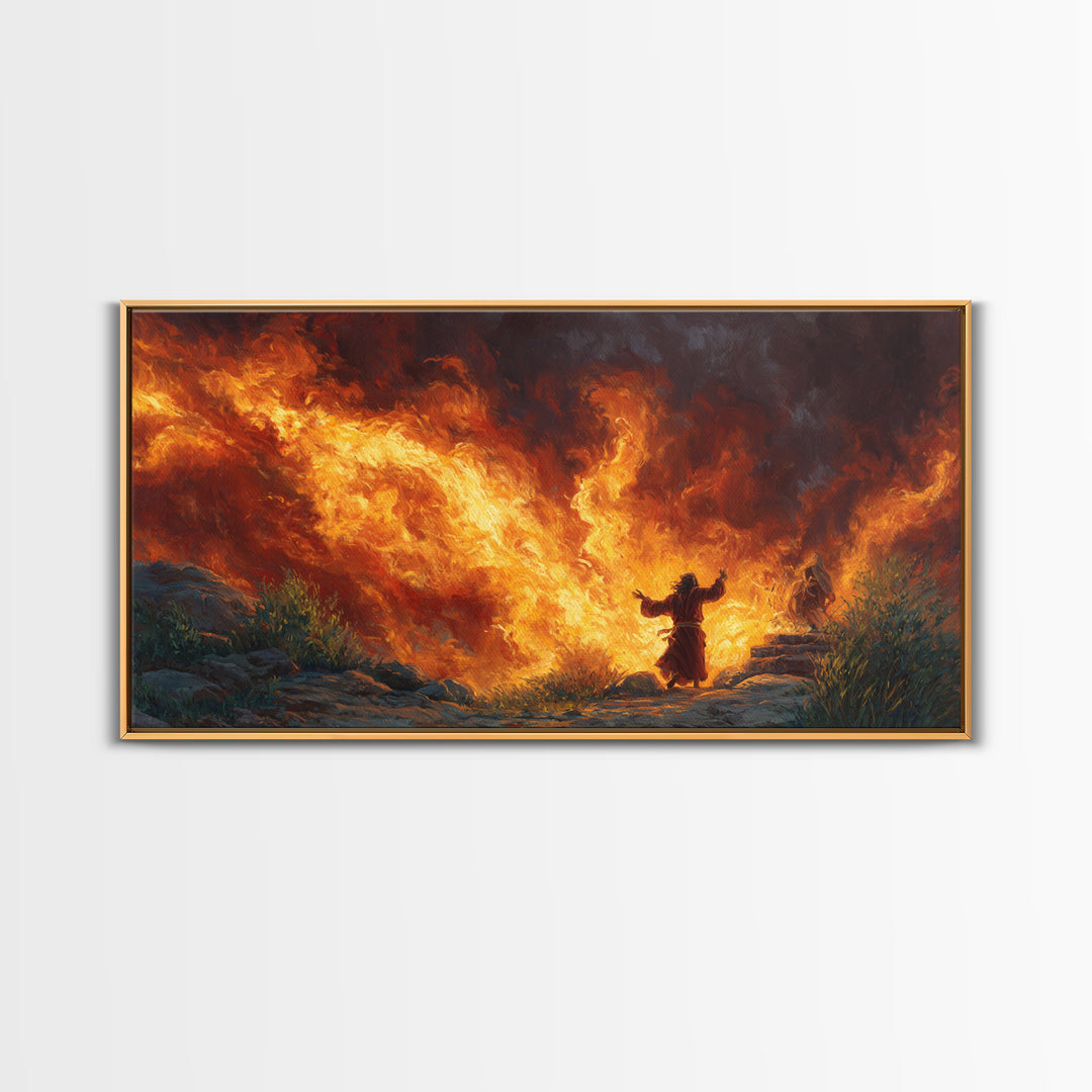 Prophet Before Roaring Flames Canvas Print, Biblical Fire Wall Art, Dramatic Spiritual Prayer Room Decor, Christian Gift For Him