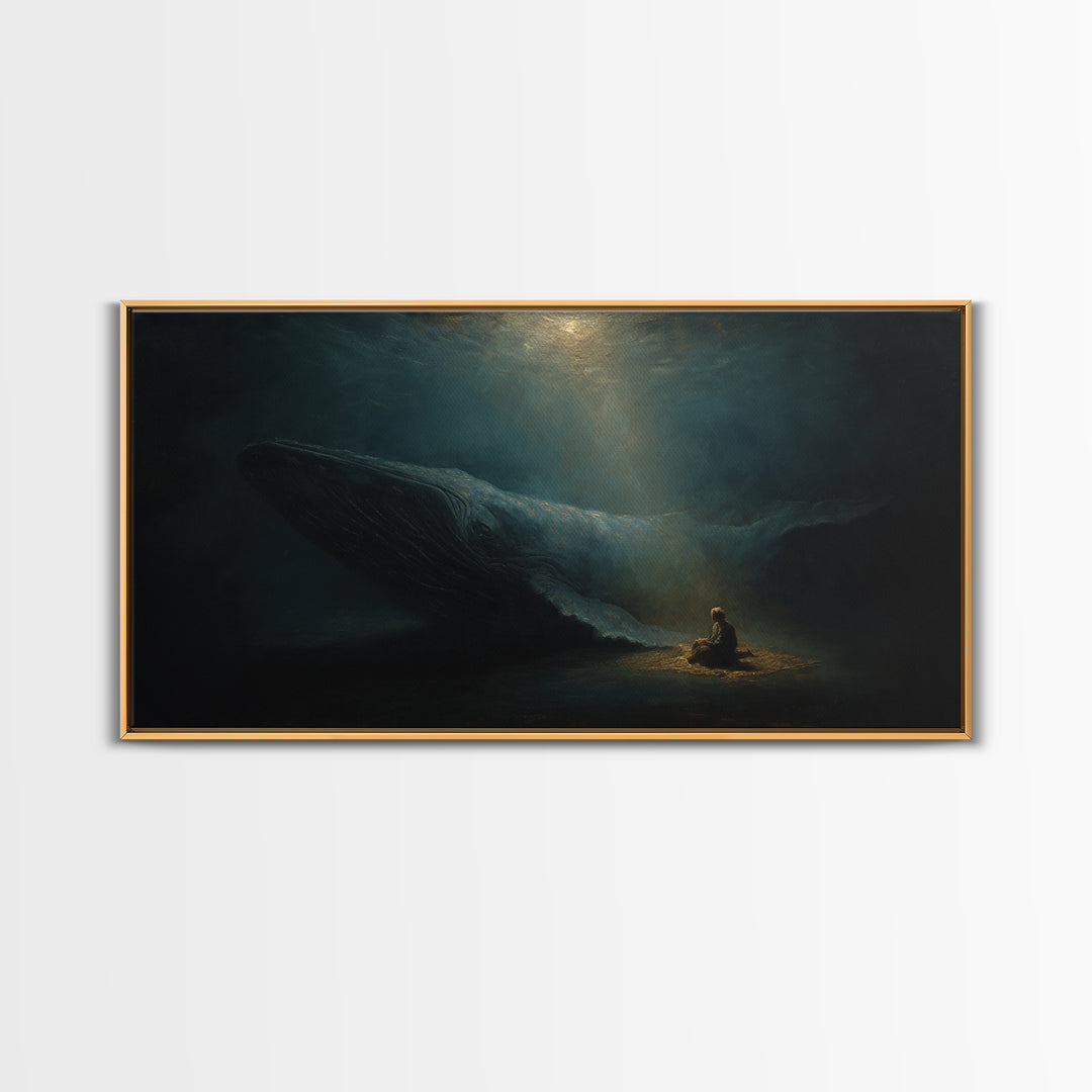 Mystic Whale And Tiny Kayaker Wall Art, Surreal Ocean Canvas Print, Moody Sea Life Decor For Bedroom Or Office Wall Decor