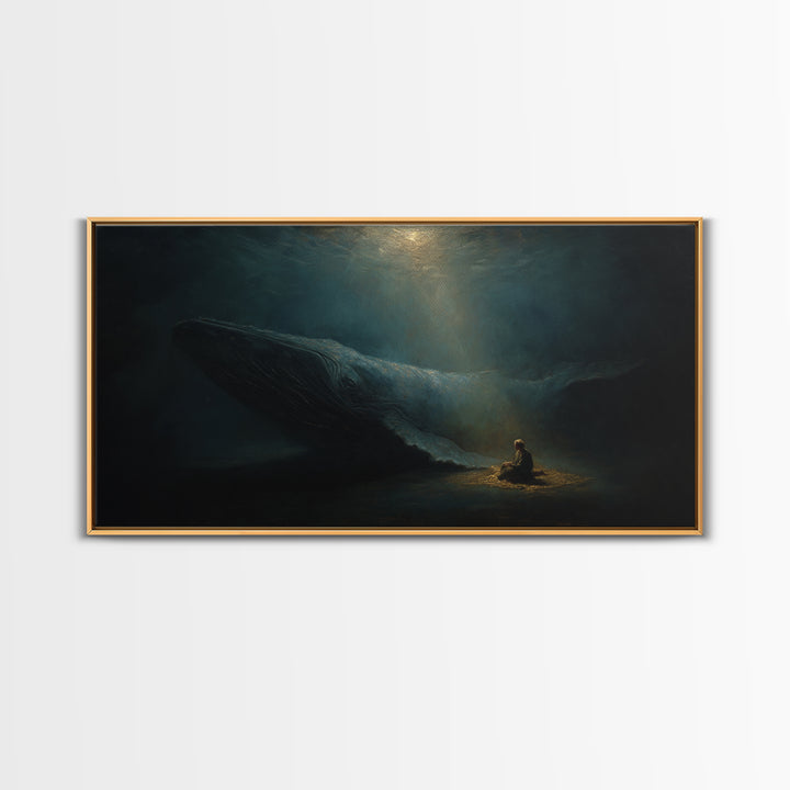 Mystic Whale And Tiny Kayaker Wall Art, Surreal Ocean Canvas Print, Moody Sea Life Decor For Bedroom Or Office Wall Decor