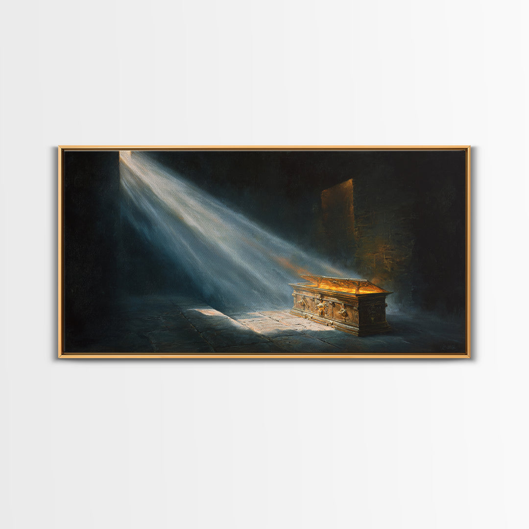 Golden Ark In Sacred Shadow Framed Canvas Print, Biblical Wall Art, Dark Academia Decor, Spiritual Housewarming Gift For Her