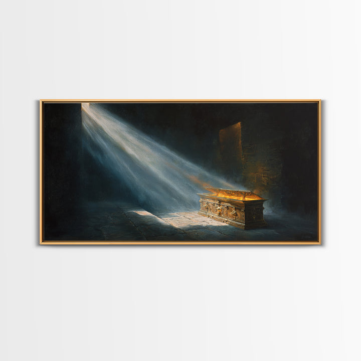 Golden Ark In Sacred Shadow Framed Canvas Print, Biblical Wall Art, Dark Academia Decor, Spiritual Housewarming Gift For Her