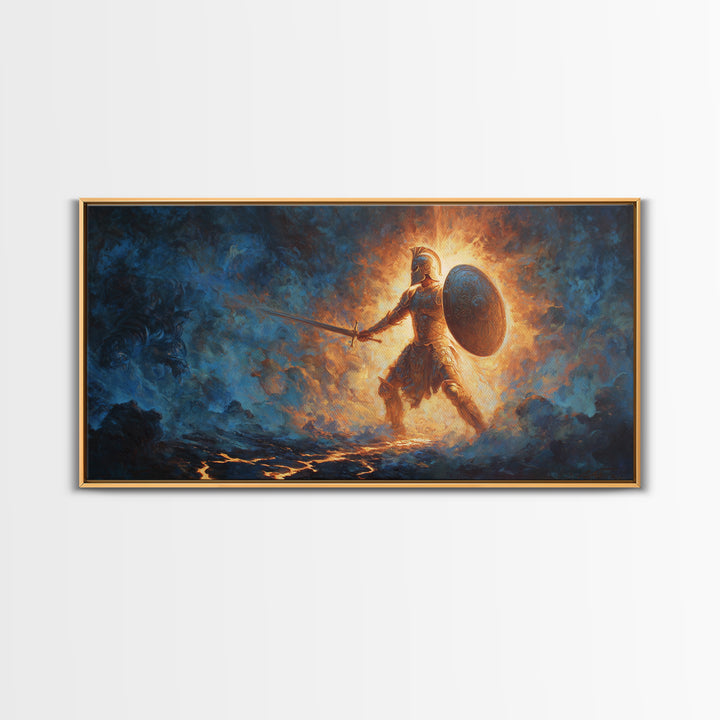 Ancient Shield Maiden In Fiery Blue Mist Canvas Print, Fantasy Warrior Wall Art, Mythological Decor, Gift For Him Or Her